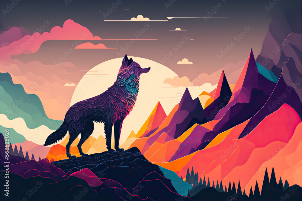 Beautiful silhouette of a wolf looking at the mountains, vector style, Generative AI Beautiful silhouette of a wolf looking at the mountains, vector style, Generative AI