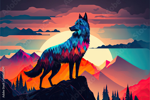 Beautiful wolf standing on top of a mountain, vector style, Generative AI