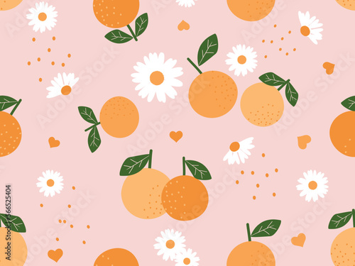 Seamless pattern with orange fruit, hearts and white flower on pink background vector illustration.