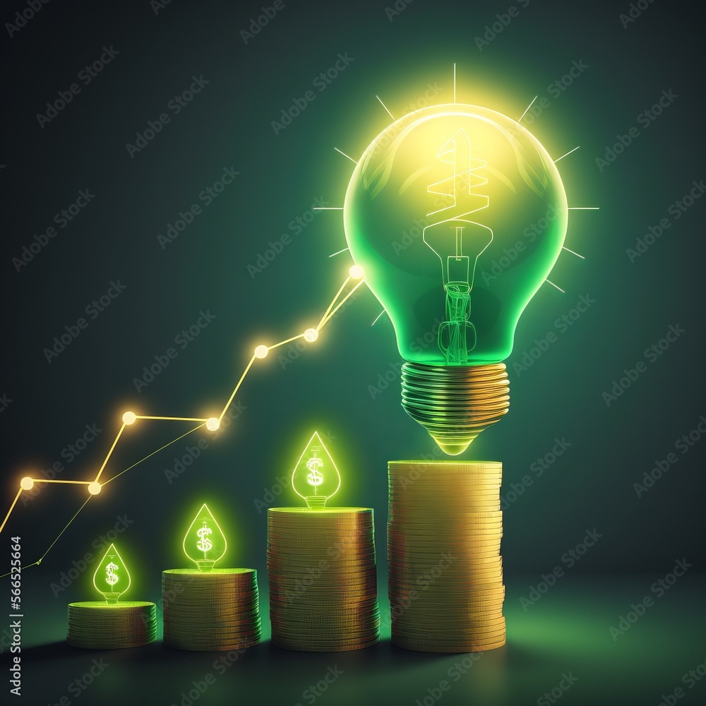 Lightbulb stack of coin green graph rise in upward direction money ...