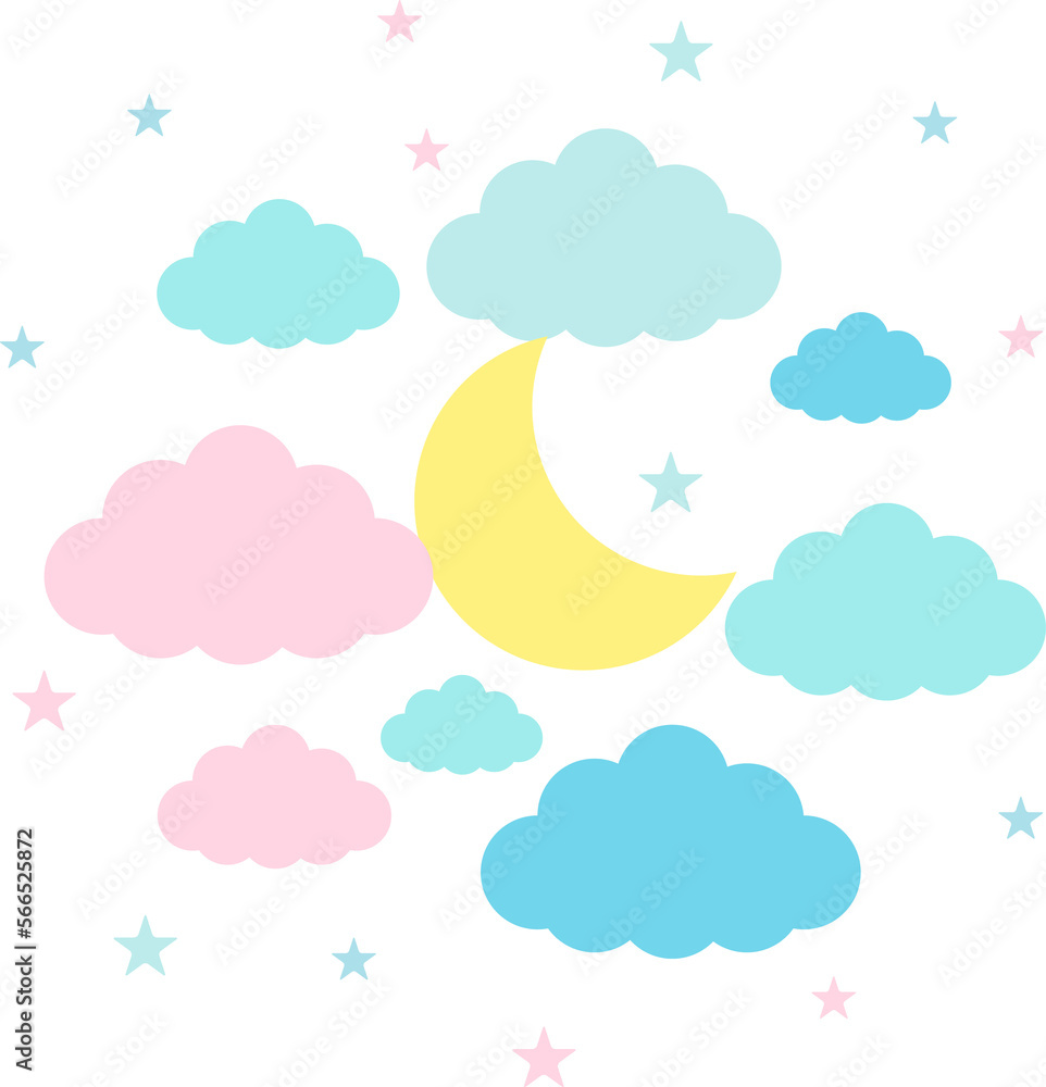Moon, clouds and stars in pastel colors