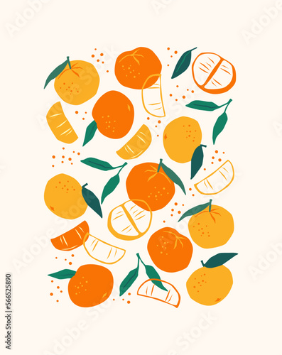 Art print. Abstract tangerines. Modern design for posters, cards, cover, t shirt and other