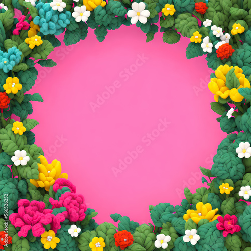 Tropical floral square frame with empty copy space for text. summer flowers and leaf decoration isolated on pink background. Simple and colorful card template. Generative AI.
