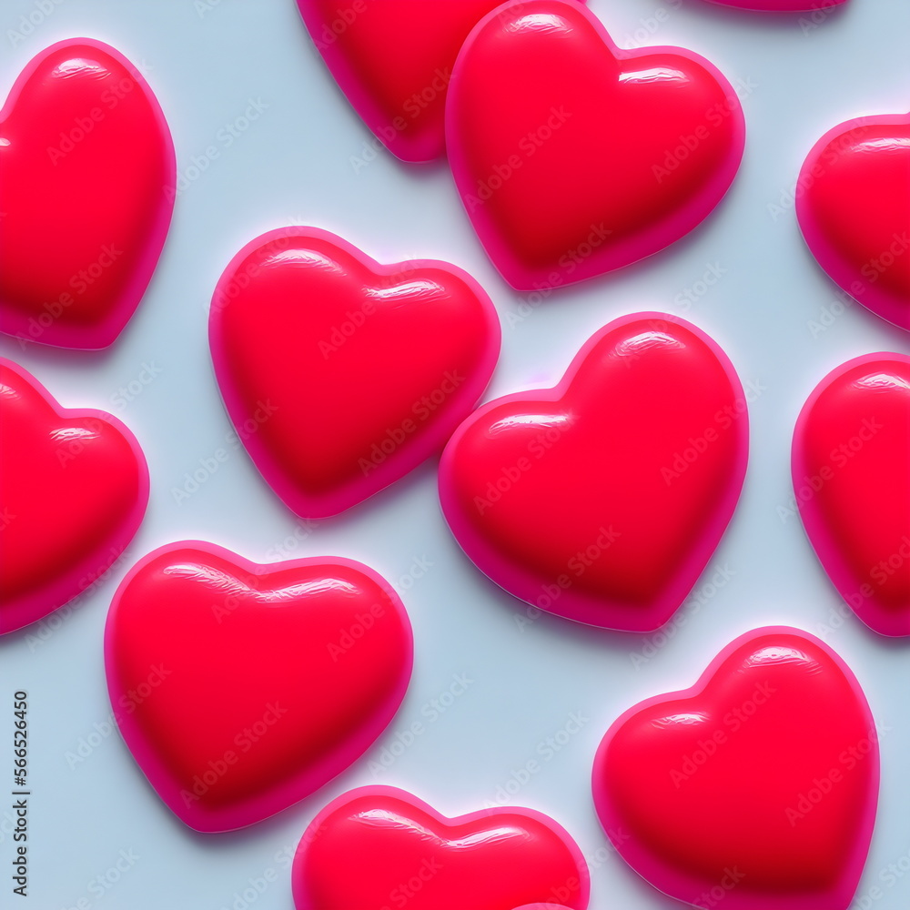 Plastic red hearts on white background, seamless hearts pattern, tileable Valentine texture asset, part of Hearts_Textures_Collection, Generative AI