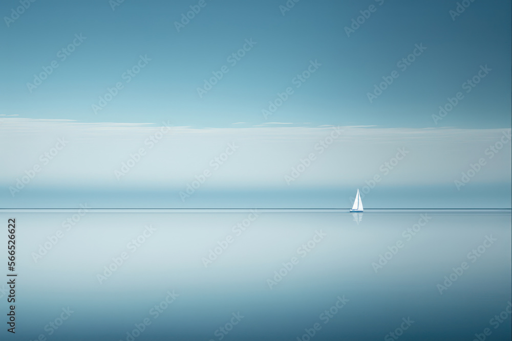 Obraz premium Minimalist, calm blue shores, Yacht on a blue ocean.
