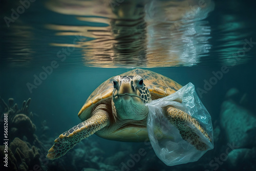 The Dangers of Plastic Pollution for Marine Life. Generative AI illustration.