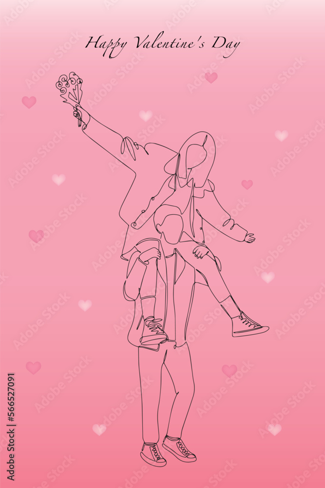Valentine's Day greeting card. A continuous drawing in one line of a happy cheerful young couple. A romantic couple on a walk. Valentine's Day greeting card. A continuous drawing in one line of a happy cheerful young couple. A romantic couple on a walk.