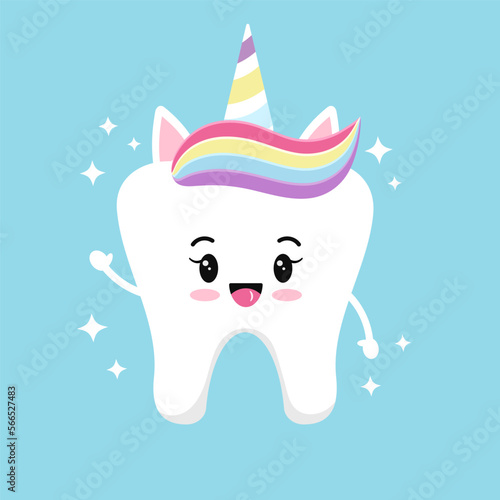 Cute tooth unicorn emoji girl with rainbow paste and horn on head and sparkles. Flat design magic cartoon kawaii smiling dental character with arms vector illustration. 