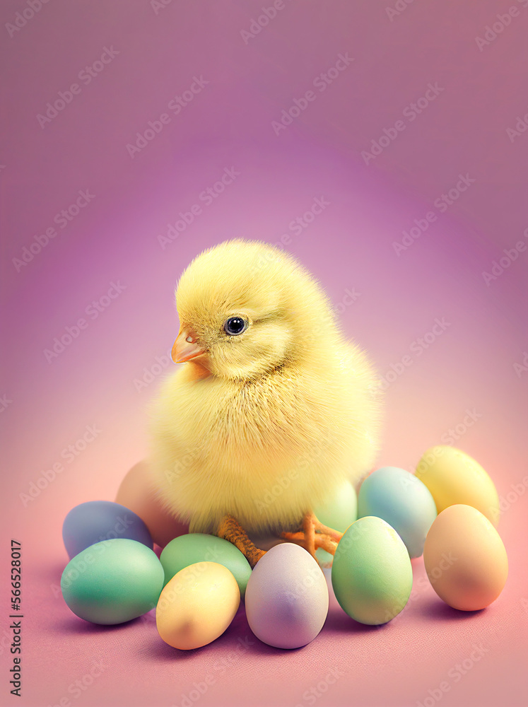 Creative Easter, animal concept of painted pastel eggs and a cute little chicken. Pastel purple holiday background. Illustration. Generative AI.