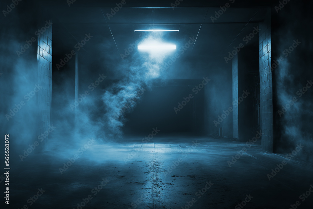 Science fiction interior scene- sci-fi corridor render scene with neon lights and smoke created with Generative AI technology Science fiction interior scene- sci-fi corridor render scene with neon lights and smoke created with Generative AI technology