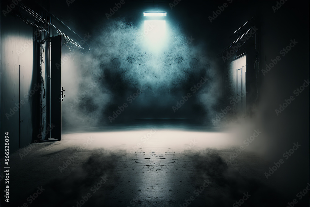 Science fiction interior scene- sci-fi corridor render scene with neon lights and smoke created with Generative AI technology	
