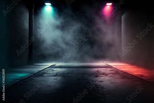 Science fiction interior scene- sci-fi corridor render scene with neon lights and smoke created with Generative AI technology  © jim