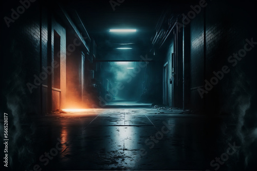 Science fiction interior scene- sci-fi corridor render scene with neon lights and smoke created with Generative AI technology 