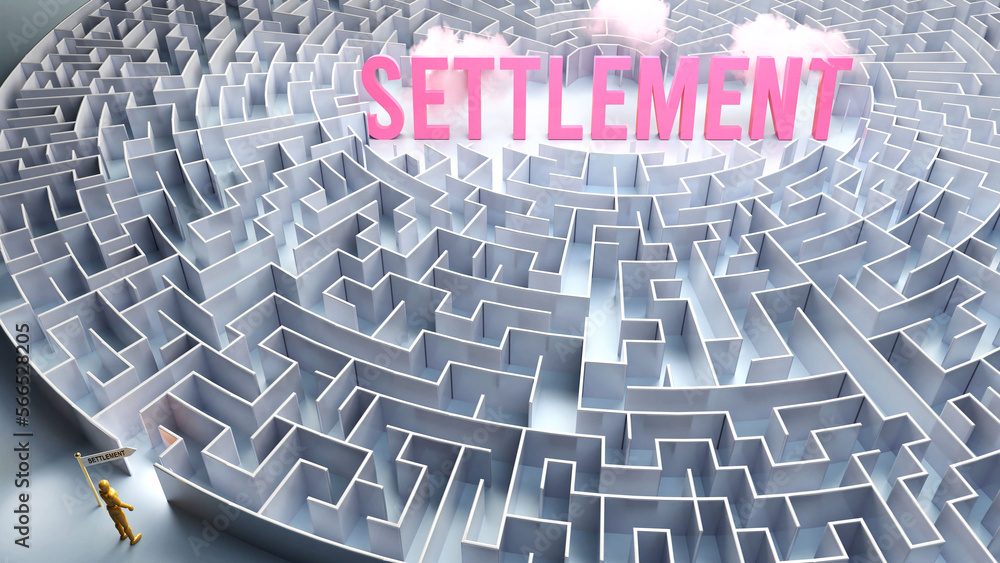 A journey to find Settlement - going through a confusing maze of obstacles and difficulties to finally reach settlement. A long and challenging path,3d illustration A journey to find Settlement - going through a confusing maze of obstacles and difficulties to finally reach settlement. A long and challenging path,3d illustration