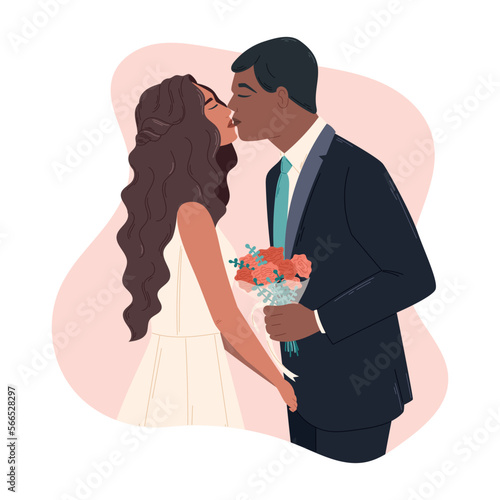 African american couple in love kissing, the groom in a suit and the bride in a wedding dress. Vector isolated cartoon illustration.