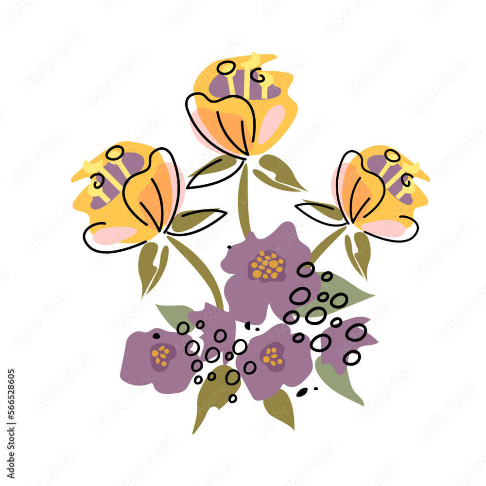 Abstract flower pattern with yellow and violet on white background. Spring botanic background. Plants,floral texture. Abstract flower pattern with yellow and violet on white background. Spring botanic background. Plants,floral texture.