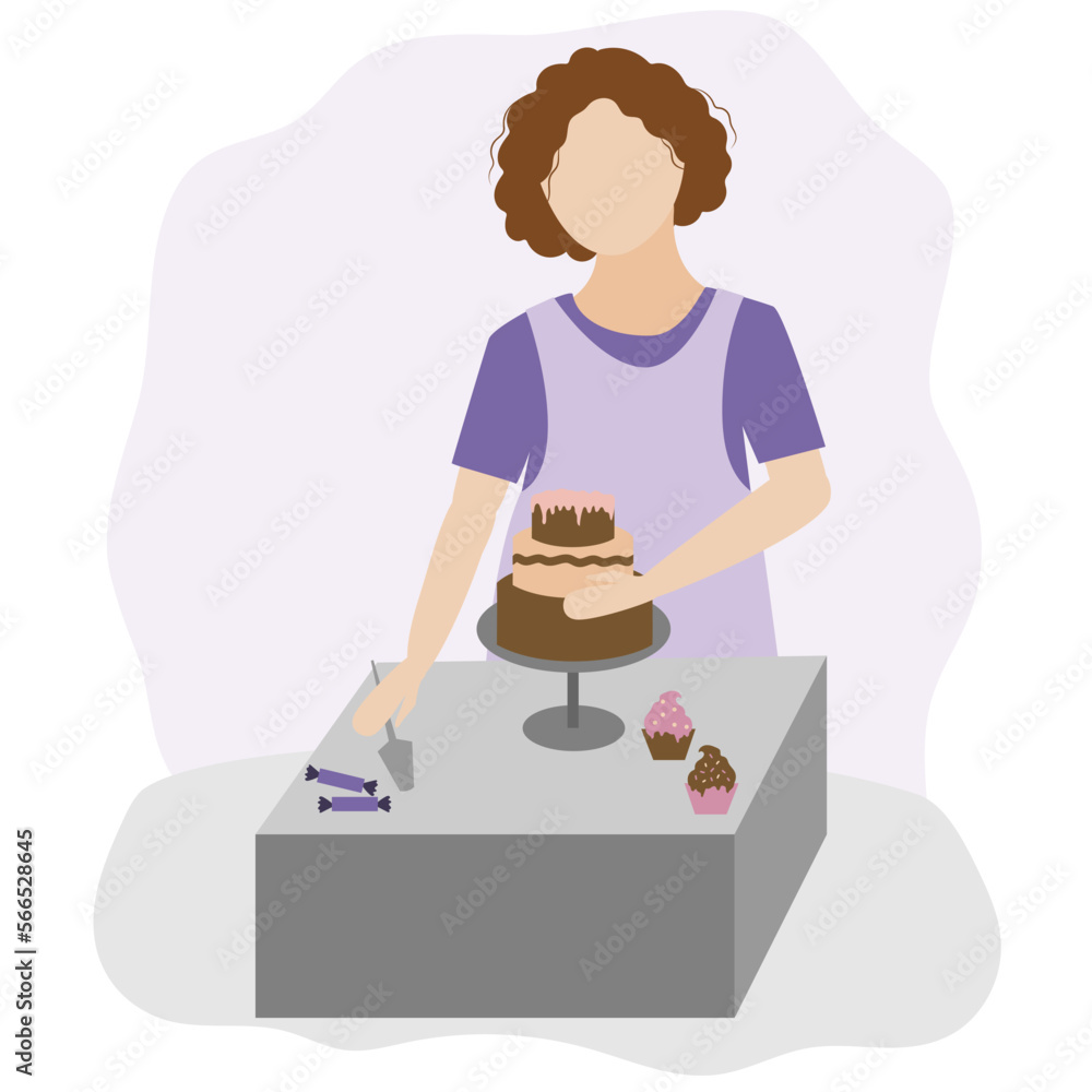Girl confectioner with curly hair makes a cake. Small pastry-cook business. Girl confectioner with curly hair makes a cake. Small pastry-cook business.