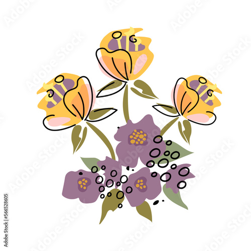 Abstract flower pattern with yellow and violet on white background. Spring botanic background. Plants floral texture.