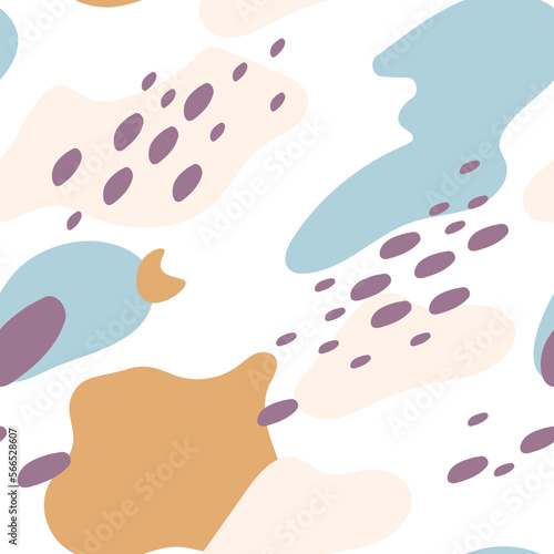 Abstract pattern with forms and drops. Blue, violet and brown on white background. Great element for your design.