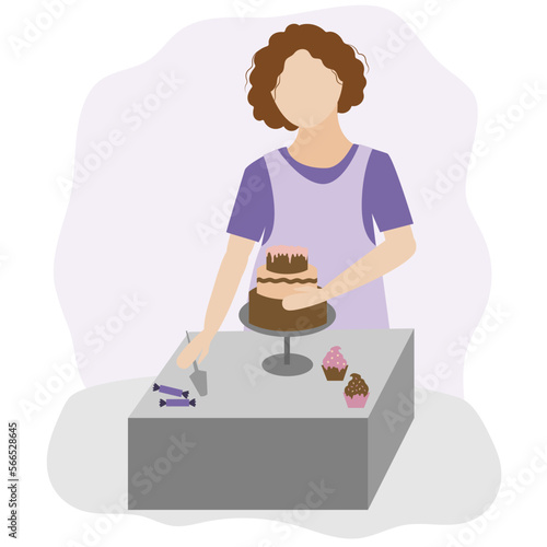 Girl confectioner with curly hair makes a cake. Small pastry-cook business.