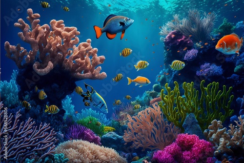 Colorful coral reef with bright fish swimming in the foreground. © Digital Dreamscape