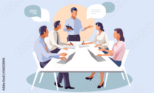 Meeting. The team leader explains the business strategy. Vector illustration.