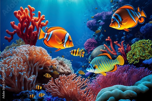 Colorful coral reef with bright fish swimming in the foreground.