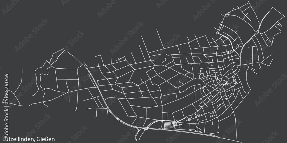 Detailed negative navigation white lines urban street roads map of the LÜTZELLINDEN DISTRICT of the German town of GIESSEN, Germany on dark gray background
