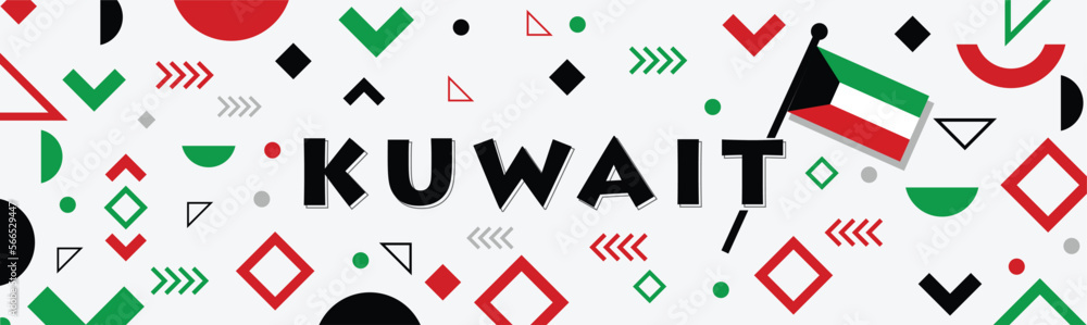 Kuwait national day banner with its name in Arabic calligraphy. Kuwaiti flag colors theme white background with geometric abstract retro modern design. Map with Landmarks for independence day.
Kuwait national day banner with its name in Arabic calligraphy. Kuwaiti flag colors theme white background with geometric abstract retro modern design. Map with Landmarks for independence day.