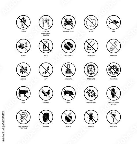 Food allergens and ingredients icon set