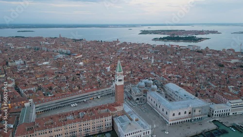 Aerial drone video of Venice panoramic landmark, aerial view of Piazza San Marco or st Mark square, Campanile and Ducale or Doge Palace. Italy, photo