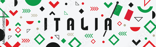Italia national day banner design. Italian flag and map theme with Rome landmark background. Abstract geometric retro shapes of red and green color. Italy Vector illustration.
