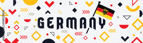 Germany National day or Deutschland banner with retro abstract geometric shapes, berlin landscape landmarks. German flag and map. Red yellow black colors scheme. German Unity Day. Vector Illustration
