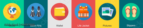 A set of 6 travel icons as globe, swim fins, wallet