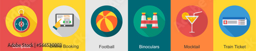 A set of 6 travel icons as compass, online booking, football 