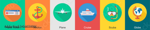 A set of 6 travel icons as plane ticket, anchor, plane