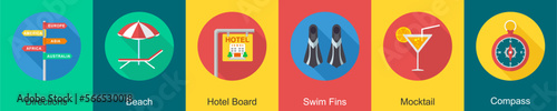 A set of 6 travel icons as directions, beach, hotel board