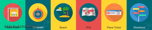 A set of 6 travel icons as hotel board, compass, beach