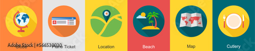 A set of 6 travel icons as globe, plane ticket, location