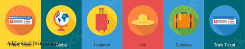 A set of 6 travel icons as plane ticket, globe, luggage