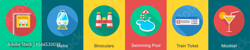 A set of 6 travel icons as hotel board, metro, binoculars