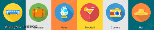 A set of 6 travel icons as camping van, suitcase, metro