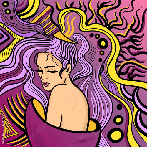 Colourful psychedelic line art with abstract woman. Doodles and lines abstract hand-drawn vector art.