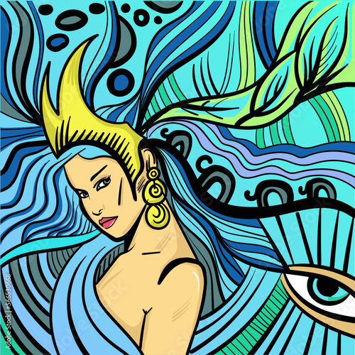 Colourful psychedelic line art with abstract woman. Doodles and lines abstract hand-drawn vector art.