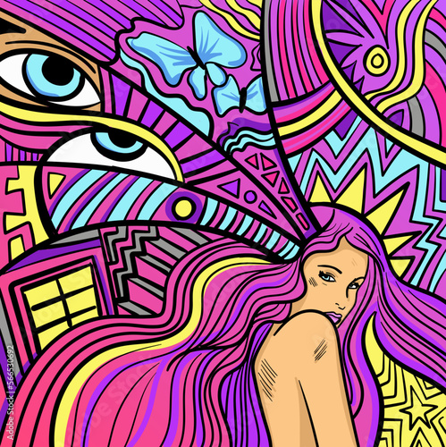 Colourful psychedelic line art with abstract woman. Doodles and lines abstract hand-drawn vector art.