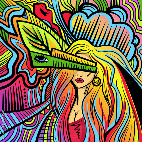 Colourful psychedelic line art with abstract woman. Doodles and lines abstract hand-drawn vector art.