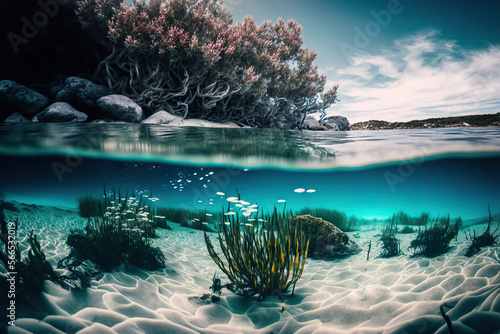 Underwater photography of the sandy bottom and marine life. Based on Generative AI