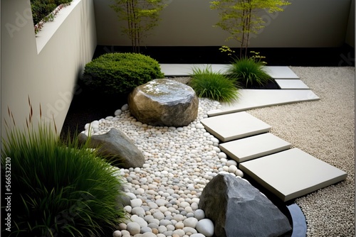 A minimalist rock garden with a water feature generative ai photo