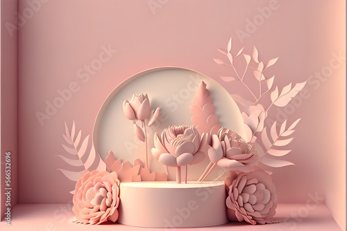 3D Minimal and Luxury podium, pastel pink background with rose flowers. and palm leaf shadow. Minimal pedestal for beauty, cosmetic product. Valentine, realistic, copy space © Mildskye