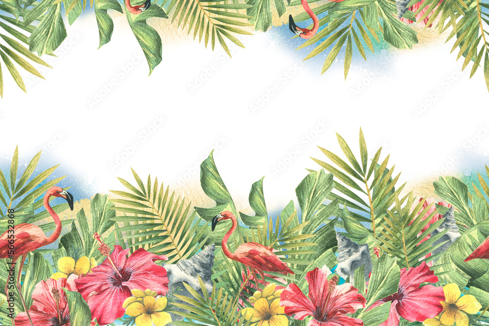 Leaves of tropical palm trees, hibiscus flowers, sea shells and pink flamingos on the background of the azure sea and sky. Watercolor illustration. Seamless border, a pattern from the CUBA collection